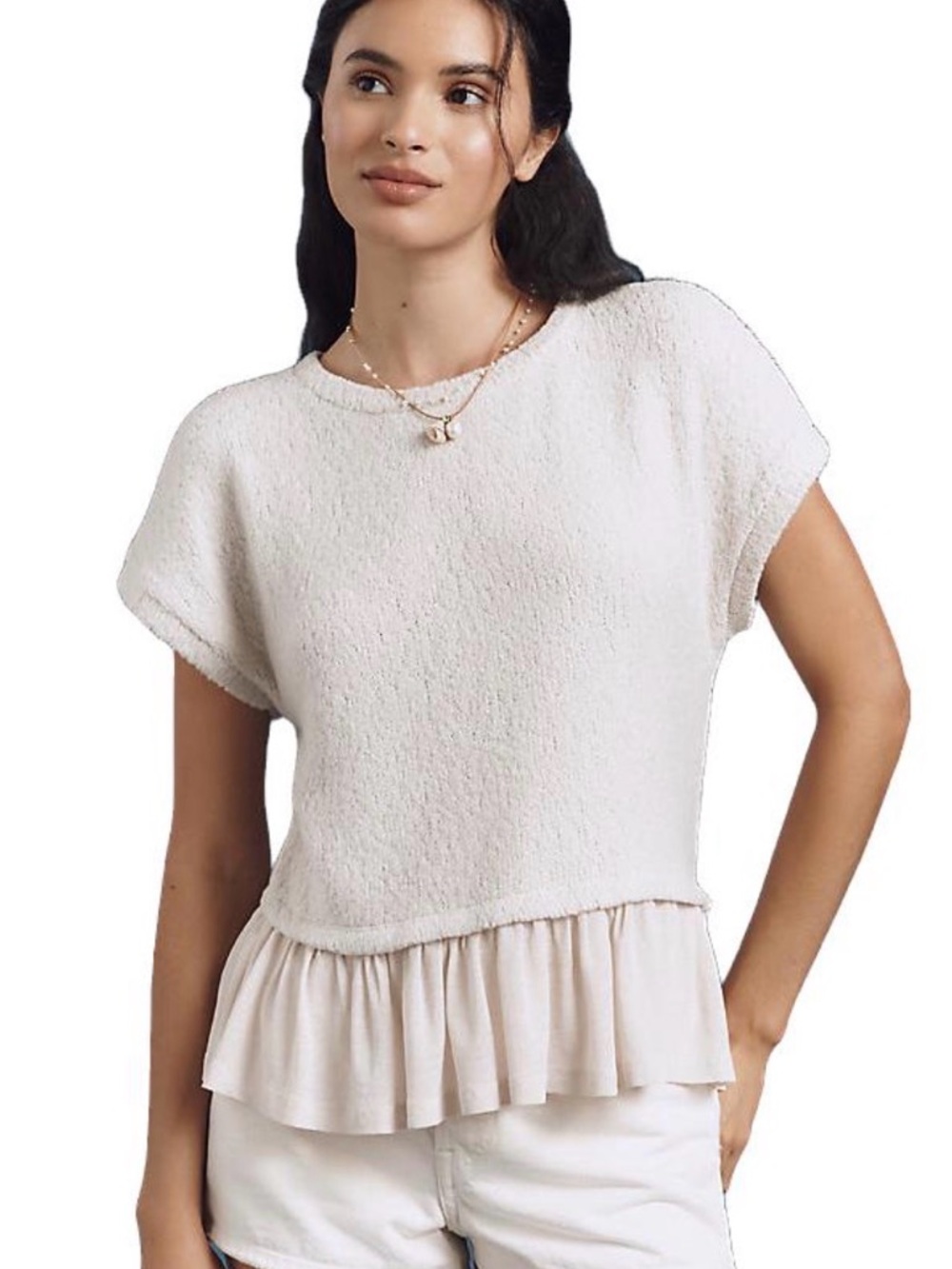 Pilcro Light Cream Ruffle-Hem Short Sleeve Top